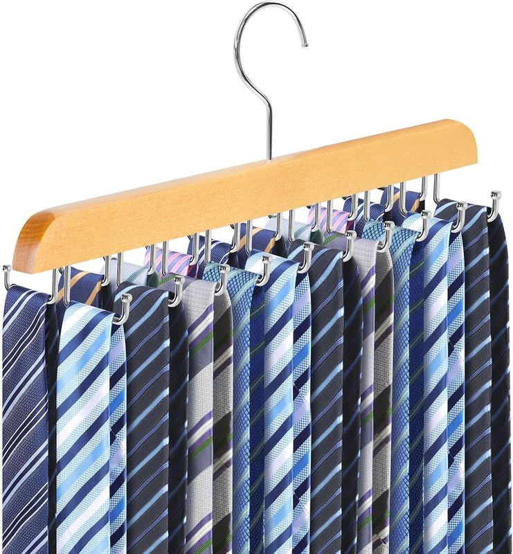Tie Rack and Belt Hanger for Closet, 20 Foldable Non-Slip Hooks on Wooden Organi