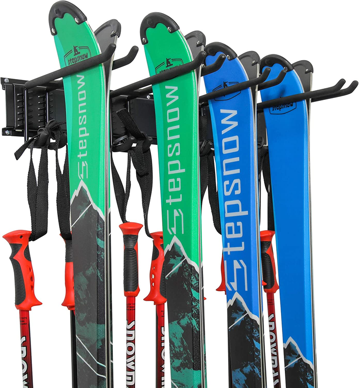 Ski Wall Rack, Holds 4 Pairs of Skis & Skiing Poles or Snowboard, for Home and G