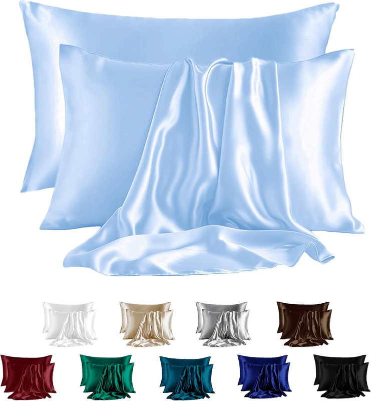 Sky Blue Standard Satin Pillowcase (2-Pack) | Silk-Like Smooth Set with Free Cle
