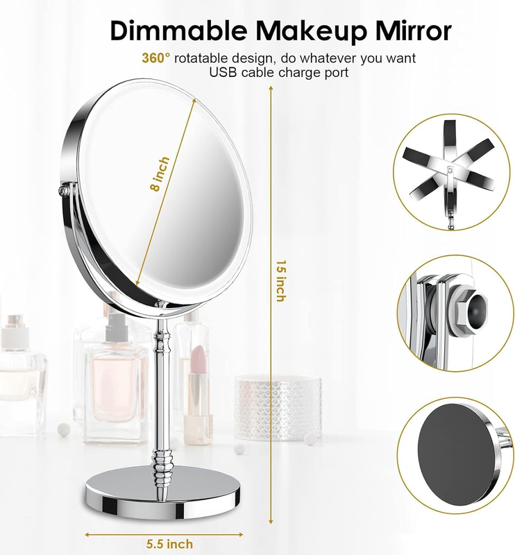 Lighted Makeup Mirror, 8" Rechargeable Double Sided Magnifying Mirror with 3 Col