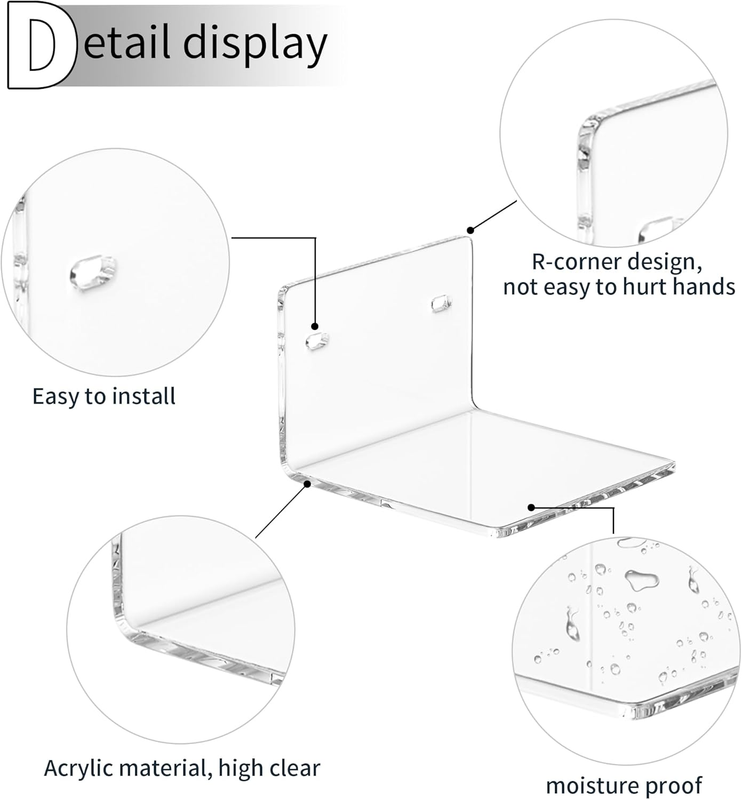 4 Inches Clear Small Wall Shelves, 4mm Thickness Acrylic Small Floating Shelf fo