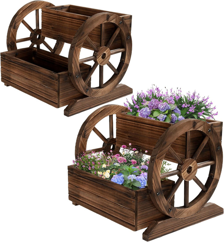 2PCS Wooden Wagon Planter Box, Garden Planter with Wheels,Decorative Flower