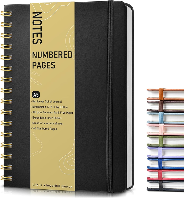 A5 Lined Spiral Notebook Hardcover 150 Numbered Pages 100GSM College Ruled Black