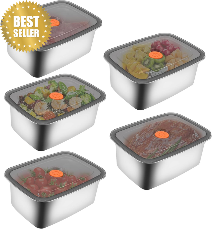 5PC Stainless Steel Food Lid Crisper Box Fridge Fruit Airtight 1500ML