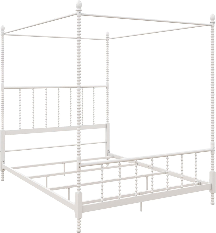 Jenny Lind Metal Canopy Bed, Four Poster Design with Decorative Spindles on Head