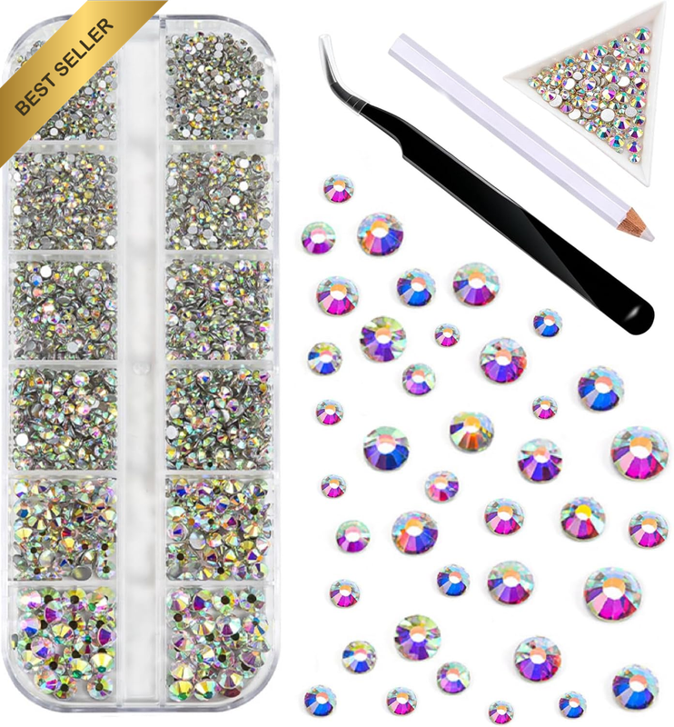 Crystal AB Rhinestones, 2100Pcs Flat Back Rhinestones with Tweezer Pen and Tray,