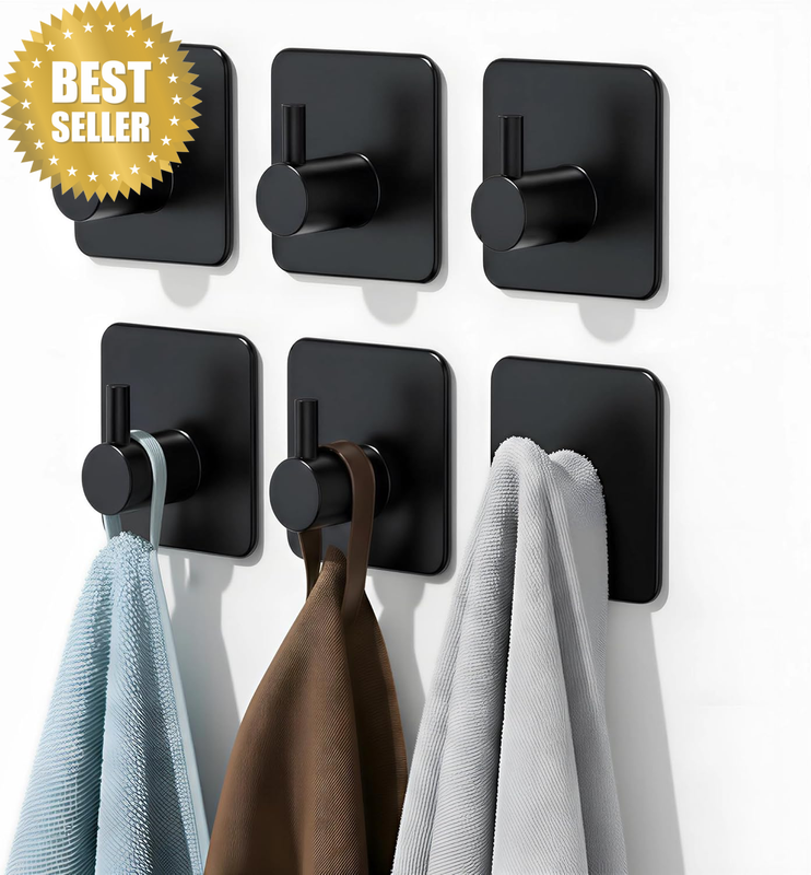 Adhesive Wall Hooks 6 Pack - Matte Black Stainless Steel Towel Hooks for Bathroo