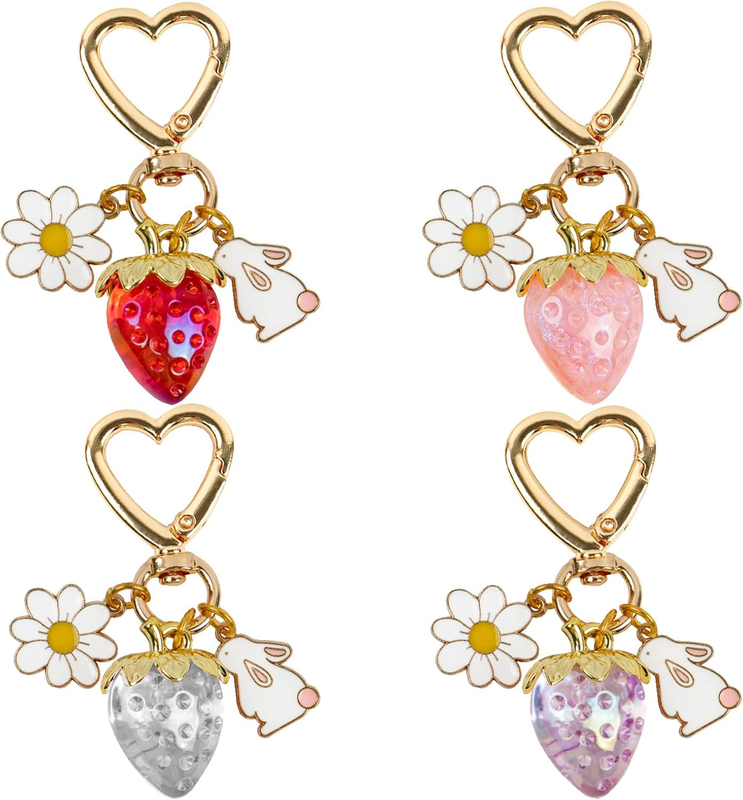 4 Pcs Cute Strawberry Keychain, Purse Accessories Charm for Women, Kawaii Heart