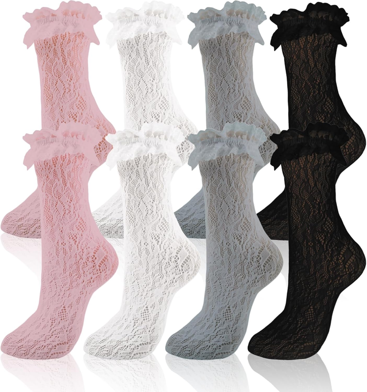 4 Pairs Lace Ruffle Frilly Socks for WomenLace Ankle Socks wit...