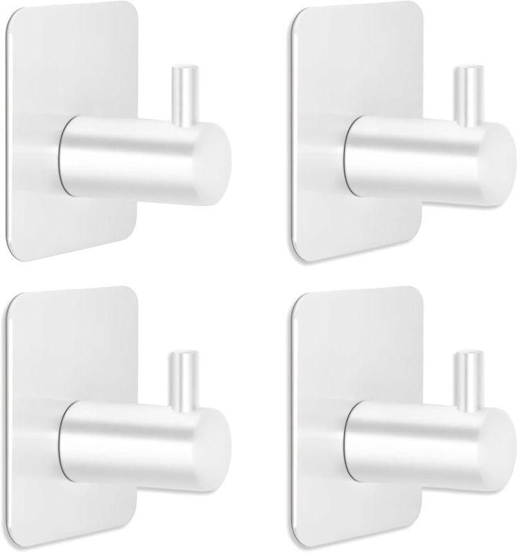 4 Pcs White Adhesive Towel Hooks, Heavy Duty Stainless Steel Wall Hooks, No Dril