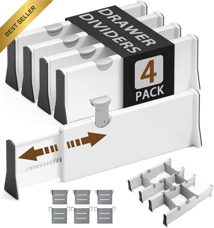 4 Pack Drawer Dividers Expandable 27-44Cm with 6 Inserts Set Adjustable Separato
