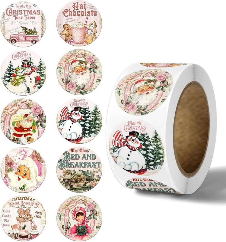1 Roll 500 Pcs Pink Christmas Stickers 2.5Cm Santa Snowman Reindeer