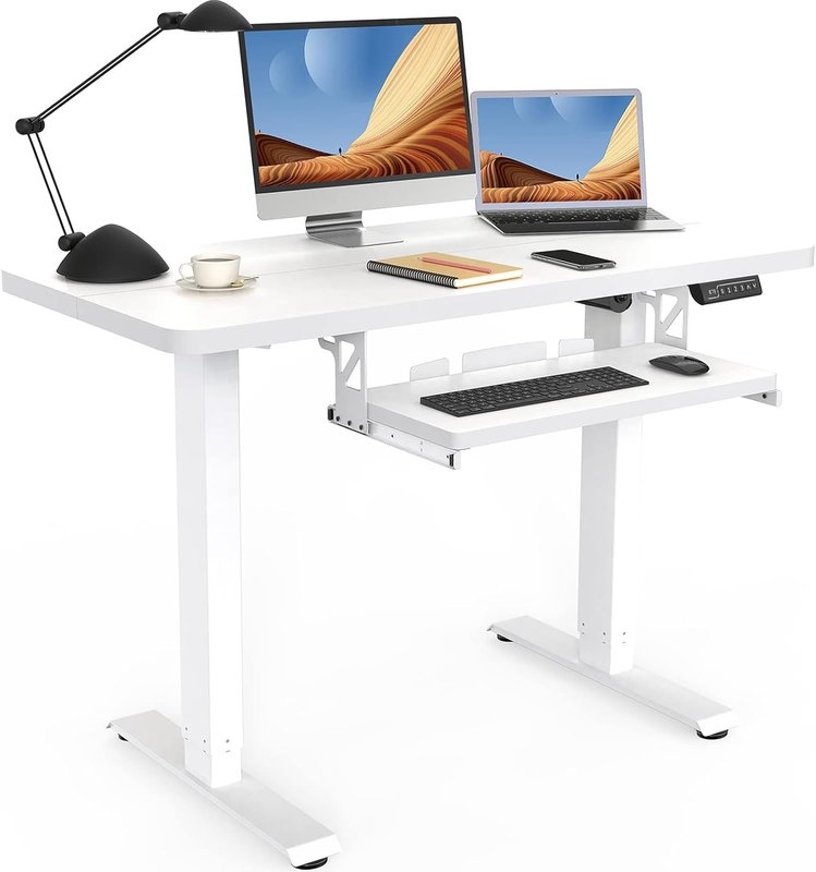 White Electric Standing Desk with Keyboard Tray, Splice Board 48 X 24 Inches Sit