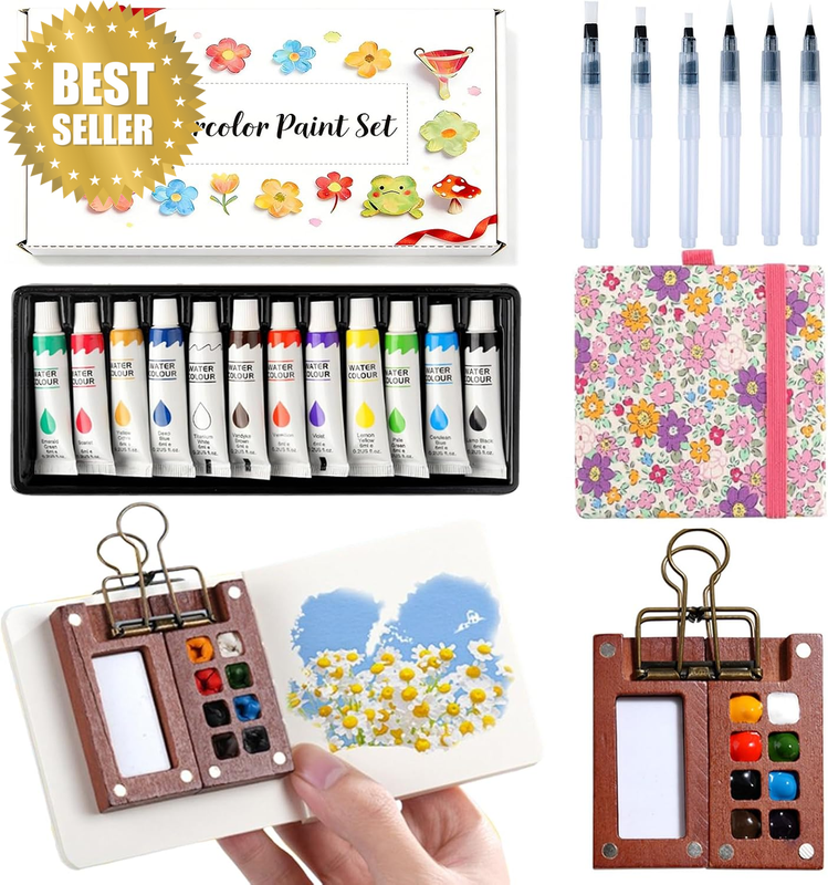 Mini Watercolour Paint Set, Portable Travel Grid Palette Kit with 12 Painting Co