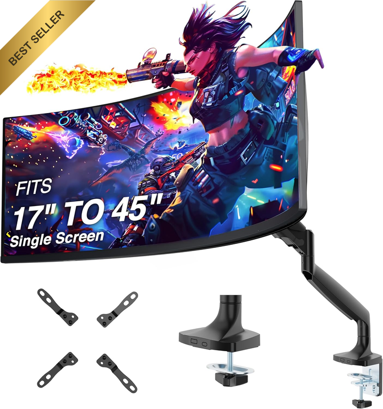 Single Monitor Arm Desk Mount 17-45 Inch Full Motion Adjustable VESA Compatible