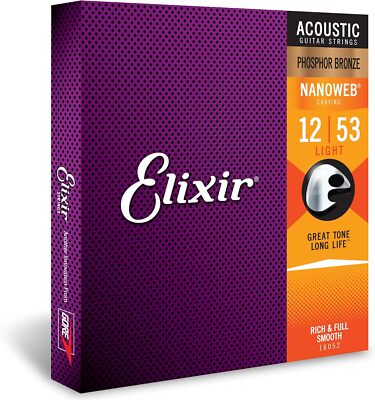 Elixir 16052 Phosphor Bronze Acoustic Guitar Strings with NANOWEB Coating, 12-53