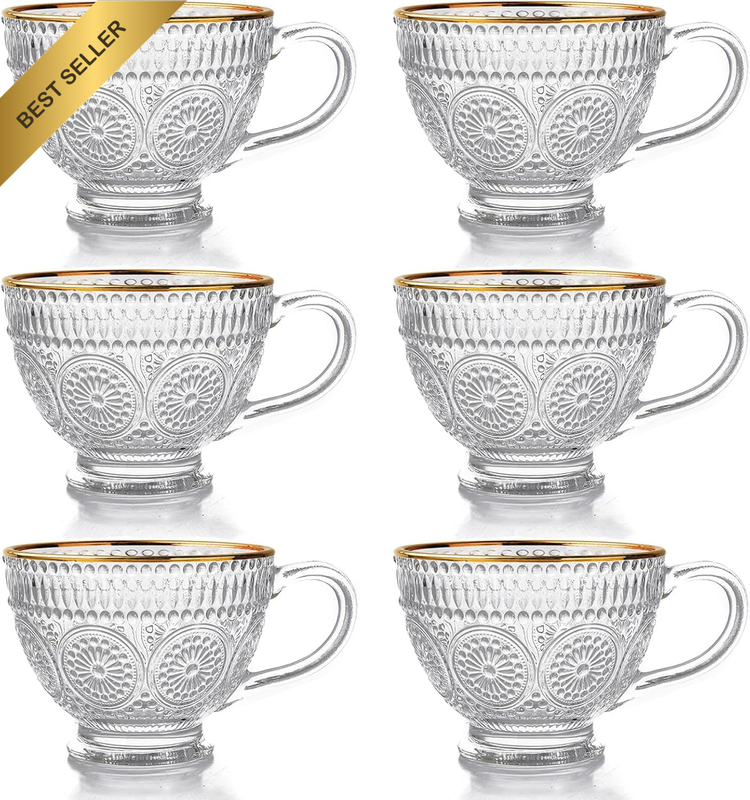 Gold Rim Embossed Ribbed Tea & Coffee Mugs 6-Pack