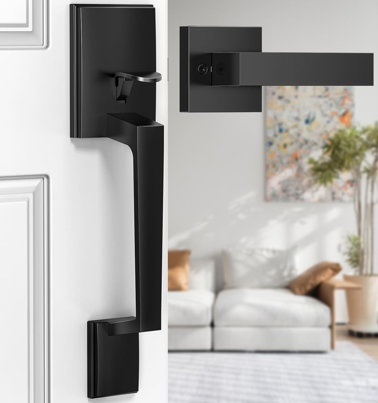Black Front Door Handle No Lock for Modern Entry Door | Zinc Alloy, Reversible E