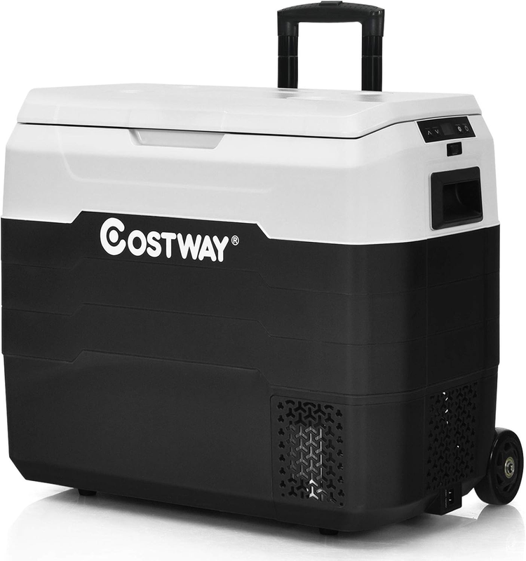 Car Refrigerator with Wheels, 42-Quart Dual-Zone Electric Cooler with Telescopic Handle, 12V/24V DC, 100-240V AC, -4°F to 50°F, Portable Fridge Freezer for RV Camping Travel, White+Black