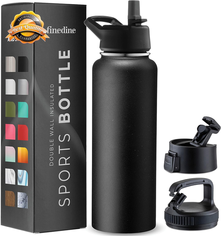 40 Oz Insulated Water Bottle Triple Walled Stainless Steel 3 Lids Black