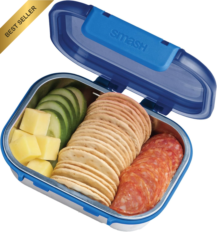 550Ml/19 Oz Microwave Safe Stainless Steel Snack Box with Navy Hinged Lid - Leak