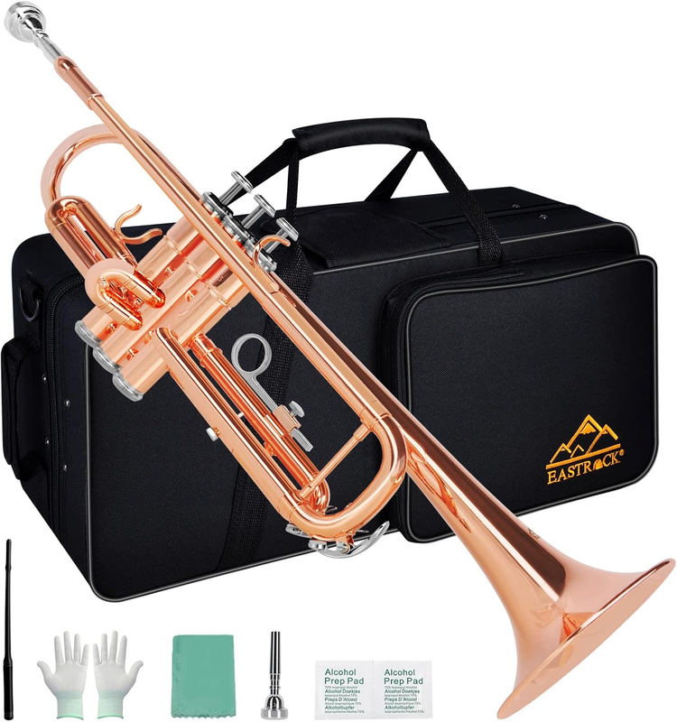 Bb Trumpet Standard Trumpet Set with Carrying Case,Gloves, 7C Mouthpiece, Cleaning Kit, Tuning Rod (Phosphor Copper)
