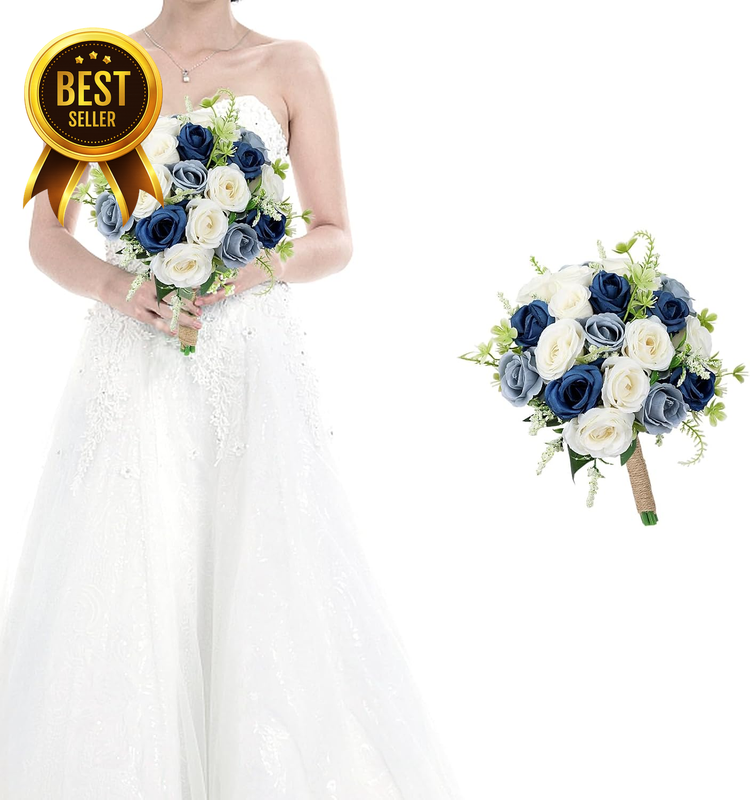 7-Inch Navy-Blue Dusty-Blue and White Artificial Flower Bridesmaid Bouquet