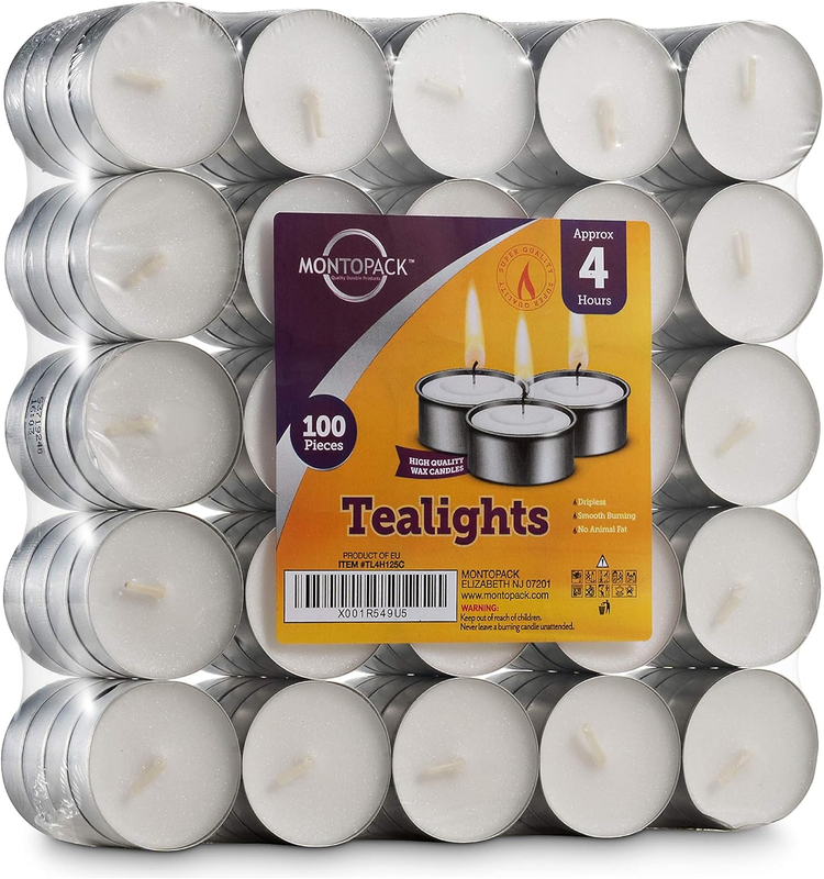 Montopack Mini Tealight Candles in Bulk | 100 White, Small Votive Smokeless, Dri