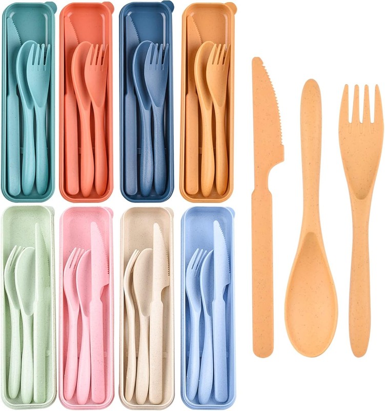 8 Color Travel Utensil Set with Case Reusable Spoon Knife Forks Box for Lunch