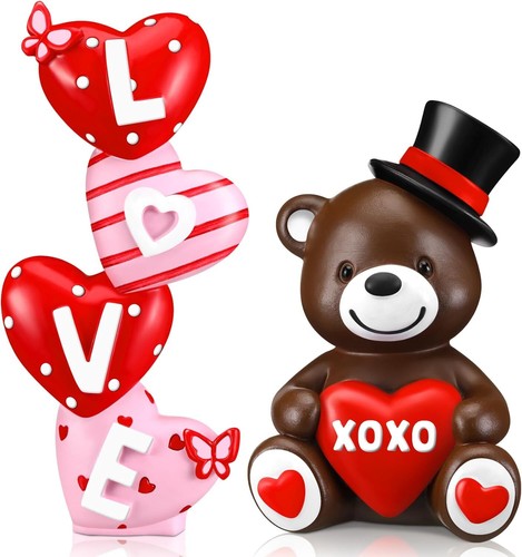 ShinyRelief 2 Pcs Valentines Day Figurines Resin Teddy Bear Tabletop 
