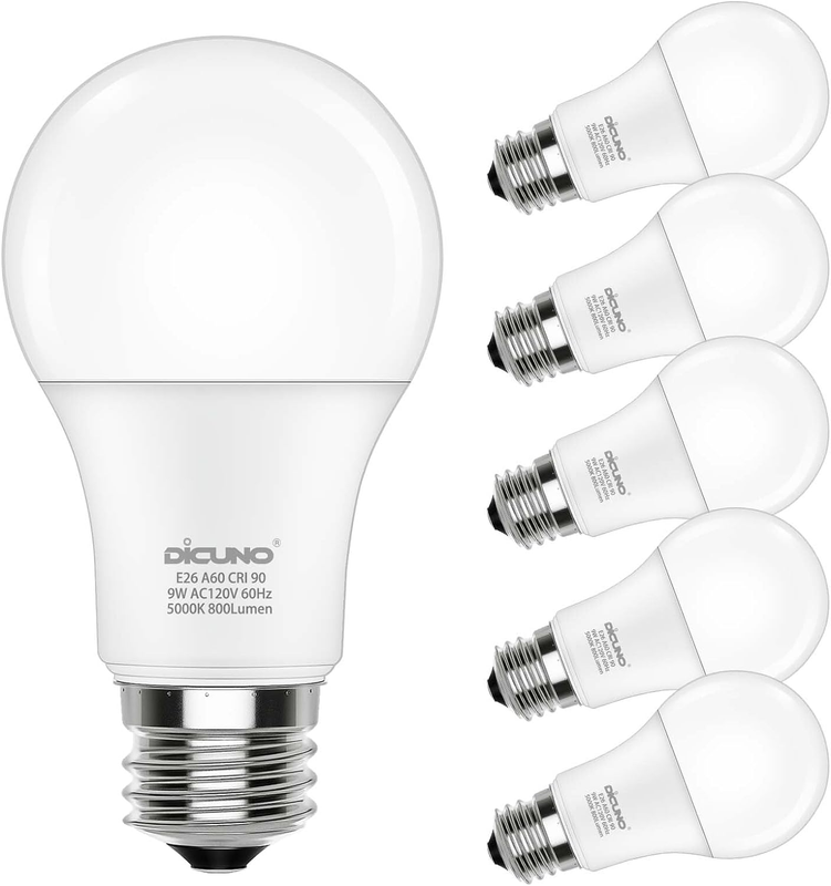 A19 LED Light Bulbs 60W Equivalent, Daylight White 5000K, High CRI 90, E26 Mediu