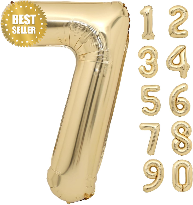 40 Inch White Gold Number 7 Balloon, Giant Large 7 Foil Balloon for Birthdays, A