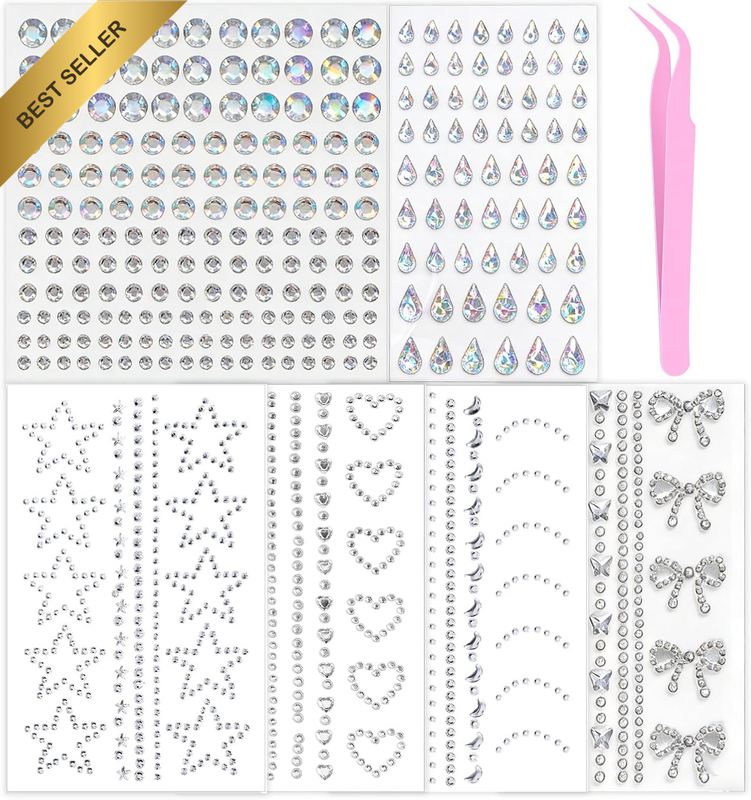 6Sheets Face Gems with Precision Tweezer for Easy Application, Sparkling Face Je