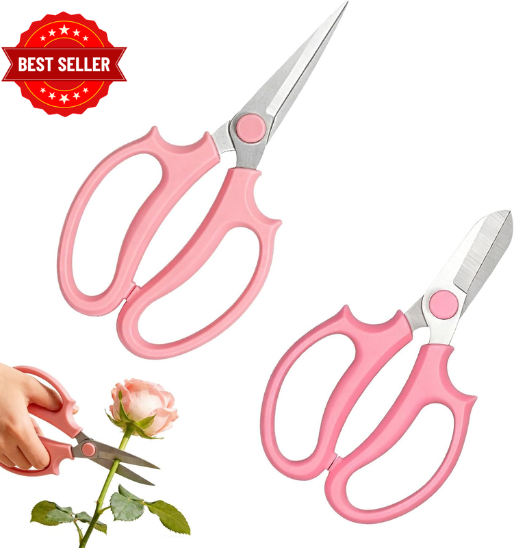 2-Piece Pink Floral Garden Scissors Set, Pruning Shears with Pointed & Rounded B