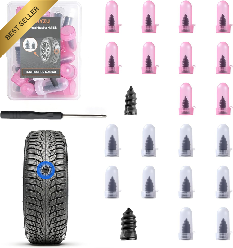 21PCS Tire Repair Rubber Nail Kit, Premium Spiral Screw-In Tire Plugs with 2 Siz