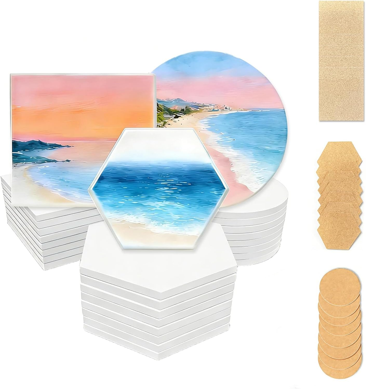 QISHENG - 24 Pcs Ceramic Tiles for Crafts(Square, round & Hexagon), White Unglaz