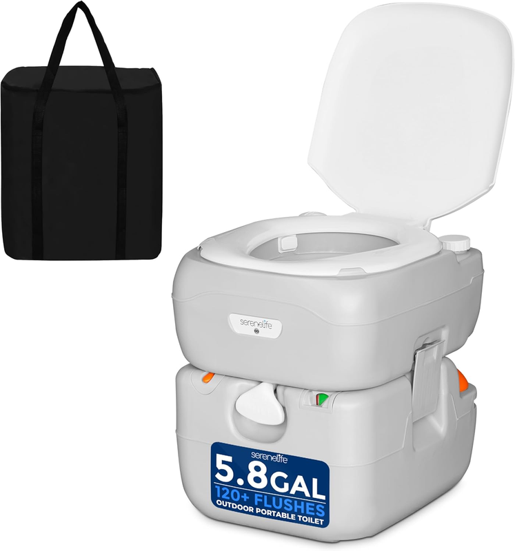 5.8 Gal Portable Camping Toilet for Adults, 100+ Flushes Porta Potty Camp Toilet with Detachable Waste Tank, Level Indicator, Carry Bag, Suitable for Camping, Hiking, and Boating