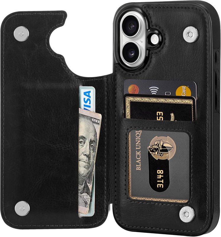 Wallet Case for iPhone 16, Soft PU Leather Case with Card Holder Kickstand Slim