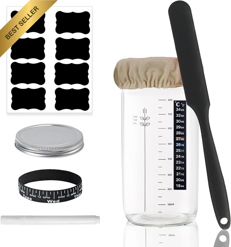 Sourdough Starter Jar, 1000Ml Wide Mouth Glass Sourdough Jar Kit with Measuremen