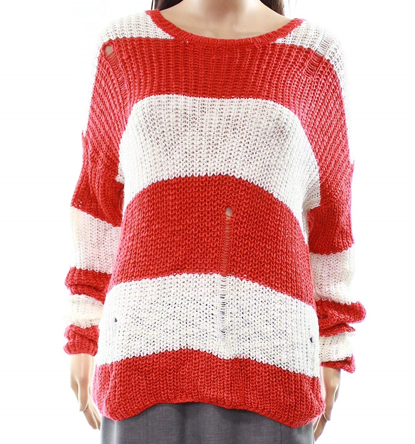 Cotton Emporium 163684 Women's Distressed Knitted Sweater Red/Ivory Sz. Medium