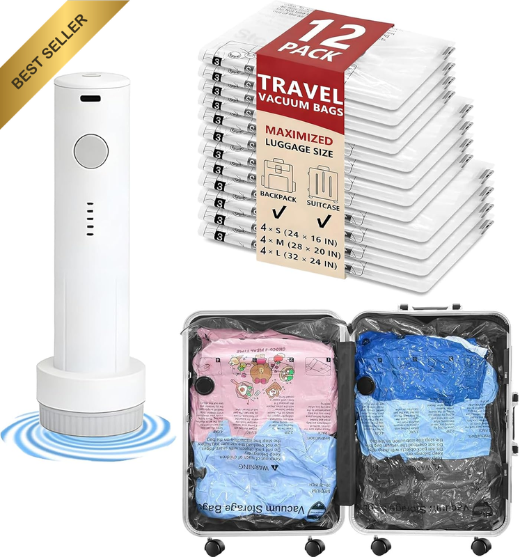 12 Pack Reusable Vacuum Storage Bags with Cordless Electric Air Pump, 4 Small/4 