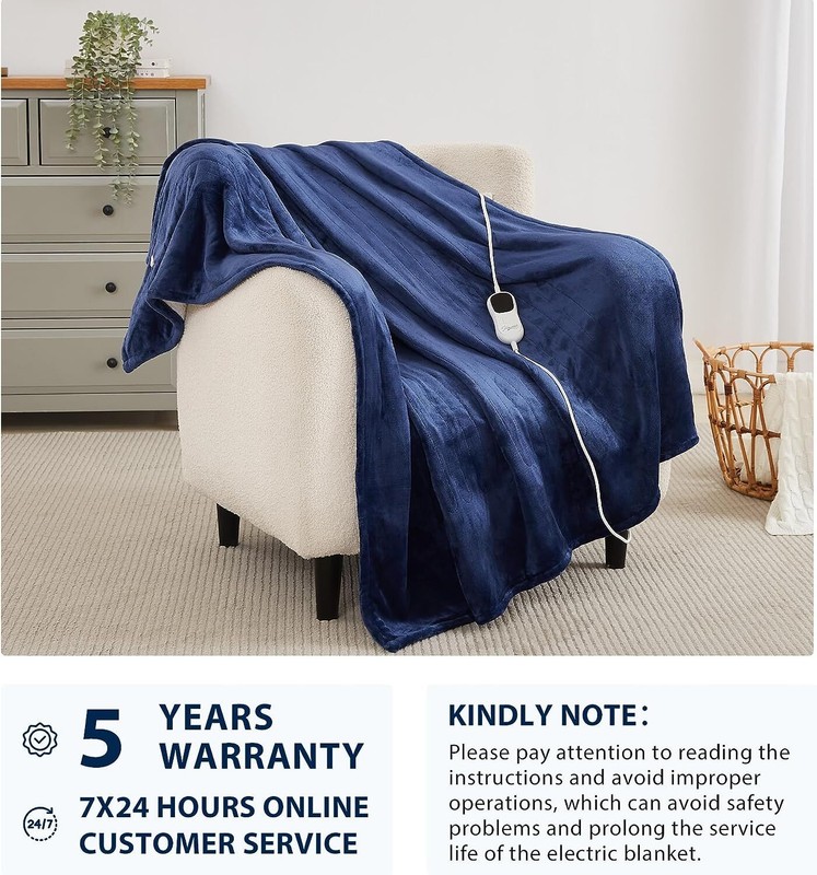 60X50" Electric Throw Blanket Heated Warm Controller Blue Soft Warming Flannel