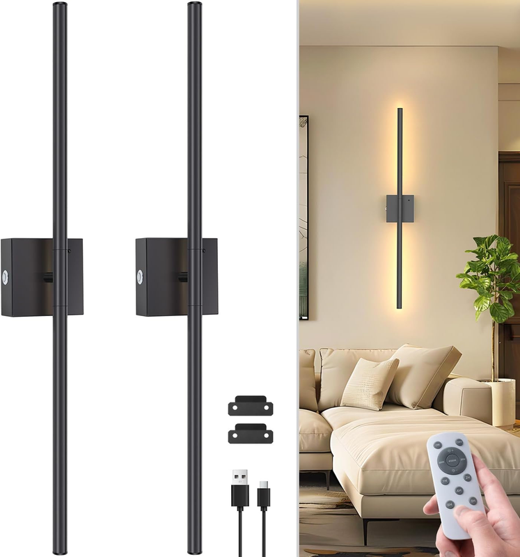 28 Inch Battery Operated Wall Sconce Set of 2, 360° Rotation Black Rechargeable Wall Lights with Detachable Tube and Remote, 3CCT Dimmable Wall Lamp for Living Room Bedroom Hallway