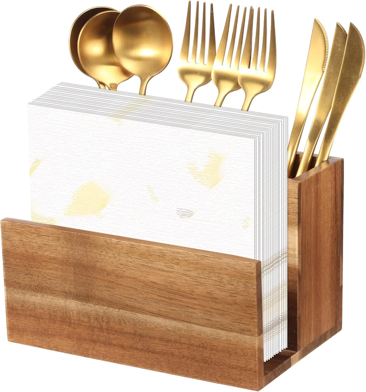 Silverware Caddy, with Napkin Holder, Smooth Wooden Utensil Holder, Acacia Wood