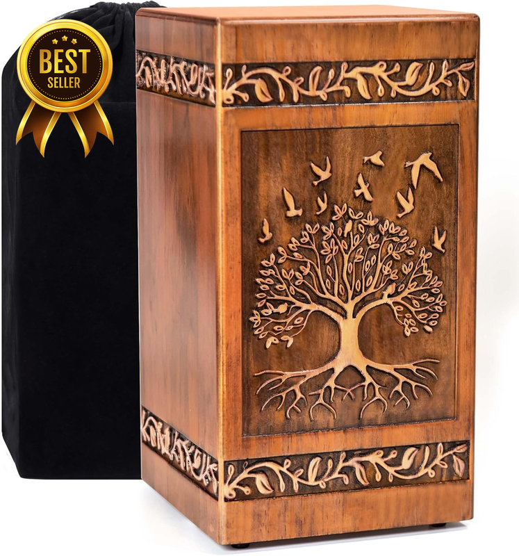 Wooden Cremation Urn for Human Ashes Adult Male Female 250 Lbs, Engraved Tree of