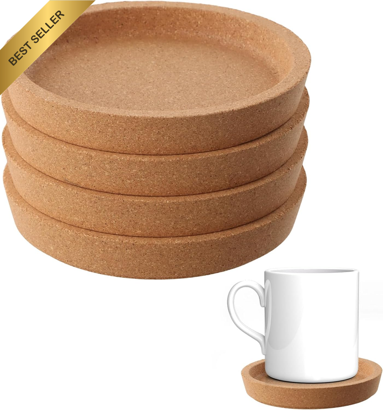 4 Pcs Cork Coasters, Natural round Cork Coasters – Extra Thick with Rising Rim,