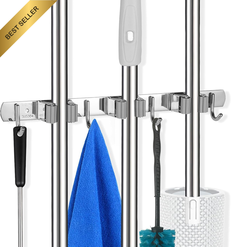 3 Racks and 4 Hooks Mop and Broom Holder Wall Mount, Self Adhesive Heavy Duty Br
