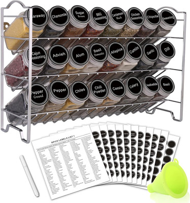 Spice Rack Organizer with 24 Empty Glass Spice Jars, 396 Spice Labels with Chalk