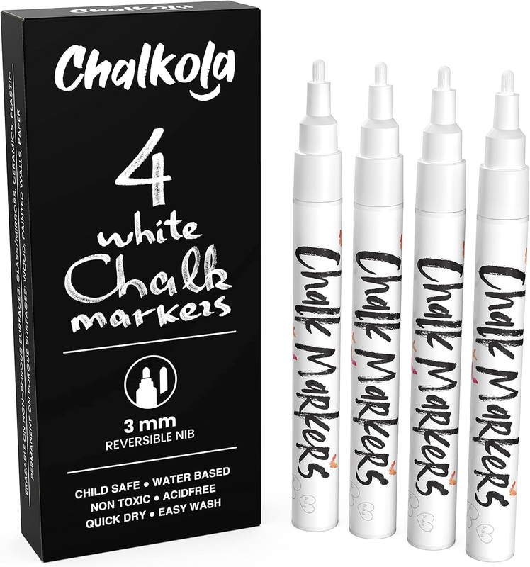 Liquid White Chalk Markers Fine Tip (4 Pack 3Mm) for Blackboard, Chalkboard