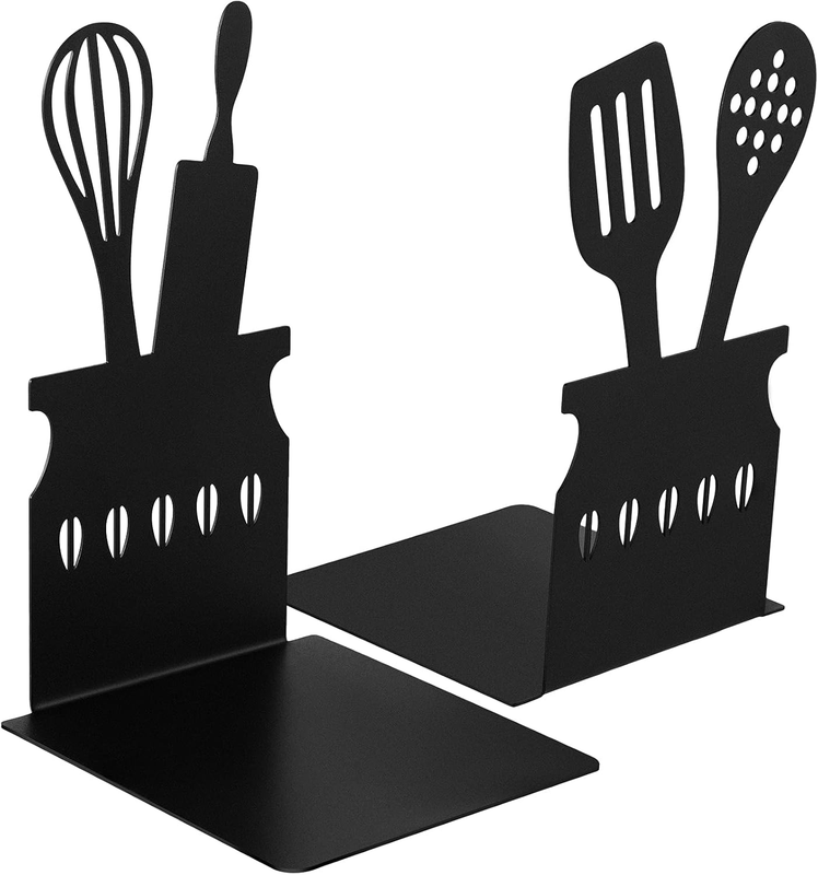 Black Kitchen Bookends 5.9 X 3.9 X 3.9 Inch Spoon Decorative Metal Cookbook Stor
